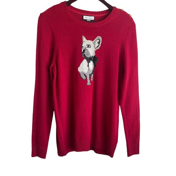 Charter Club Women Tunic Sweater M Red French Bulldog Graphic Knit Dog Novelty - Picture 1 of 10